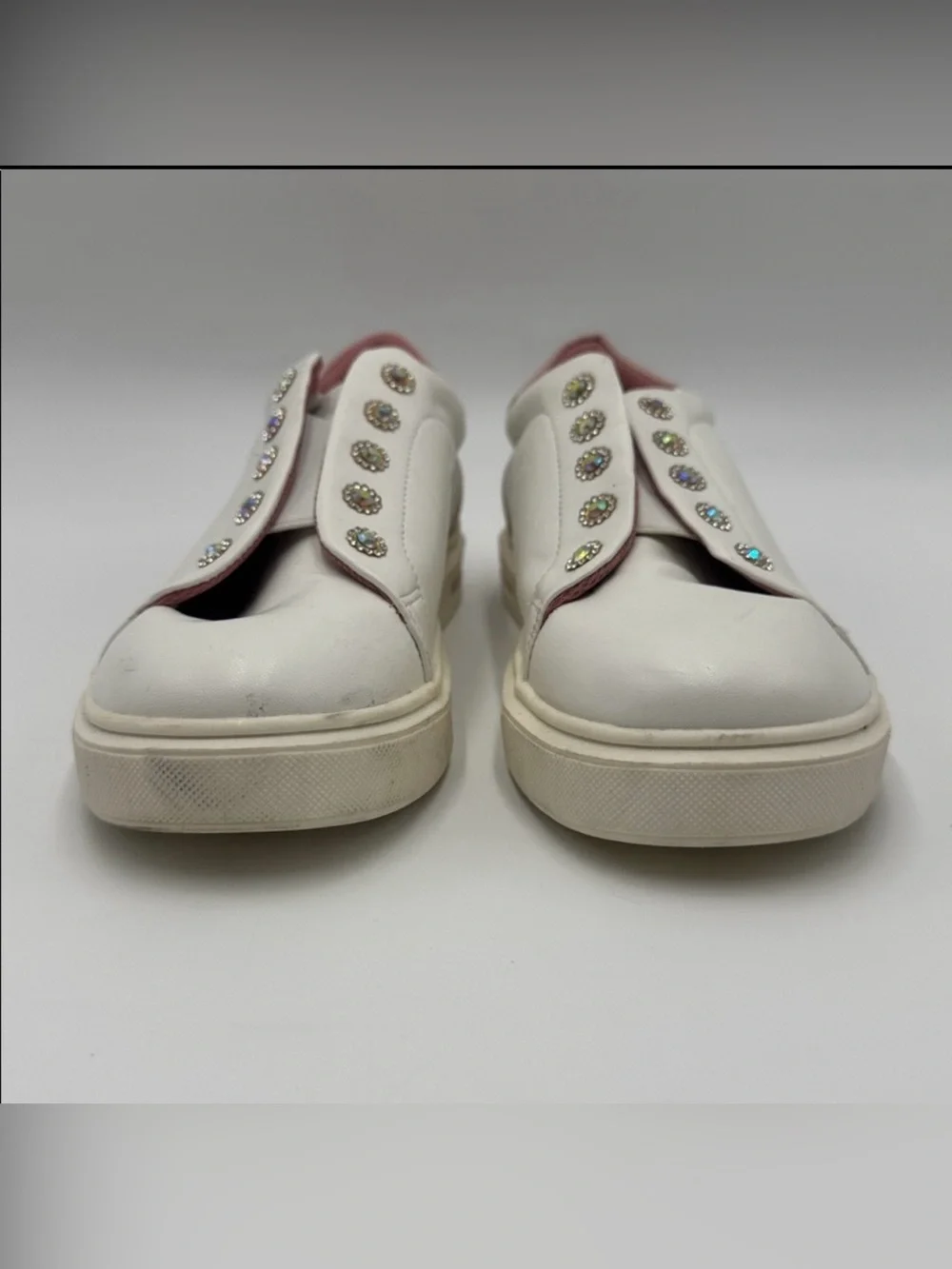 Sincerly Jules White Slip-On Sneakers with Dusty Rose Accents and Crystal Studs